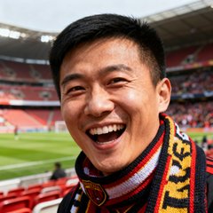 一位30岁左右的中国男性球迷头像，戴着球队围巾，背景是足球场看台，表情兴奋热情，面带笑容